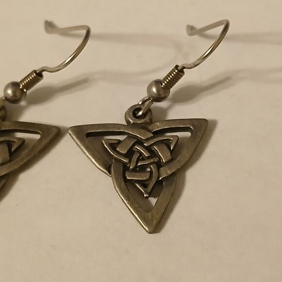 Trinity Celtic Knotwork Triangle Silver Tone Drop Earrings - Picture 3 of 7